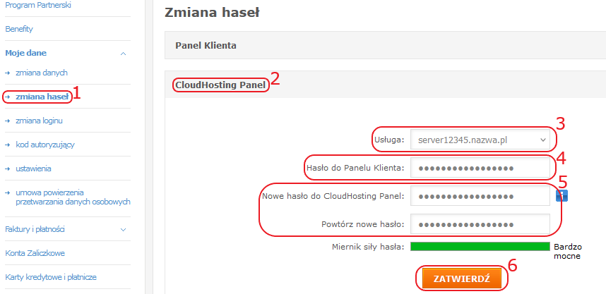 CloudHosting Panel pk zmiana hasel serwer